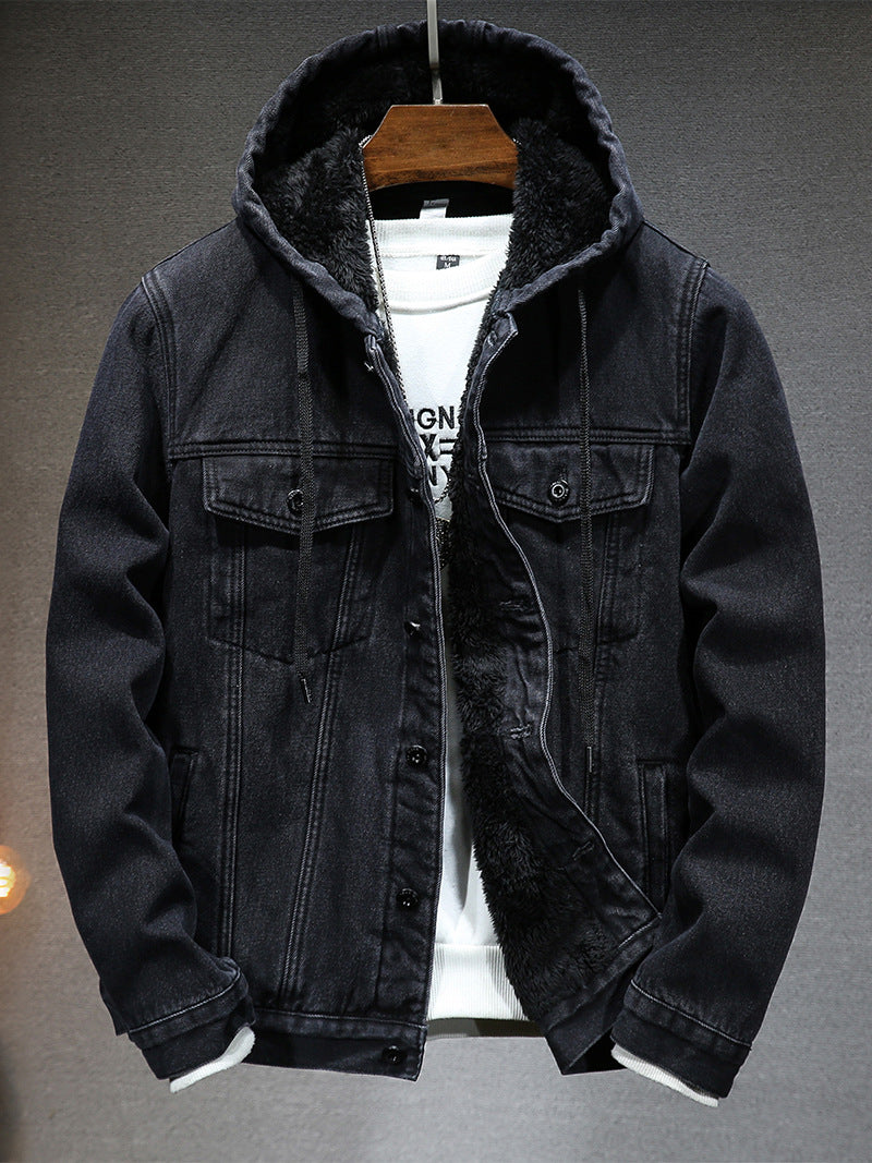 Men's Hooded Denim Jacket with Fleece Lining