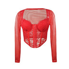 Lace Mesh Square Neck Long Sleeve Top