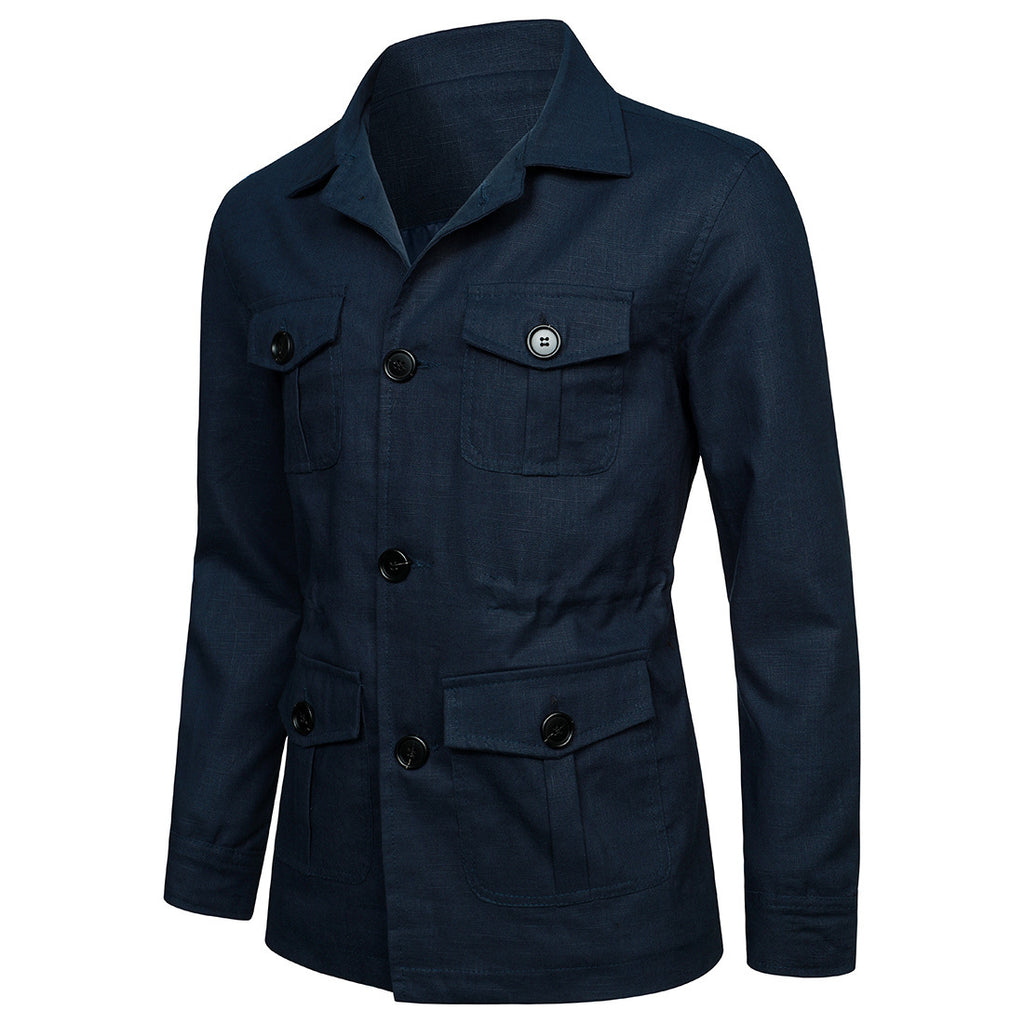 Men's Lapel Multi-Pocket Linen Work Jacket