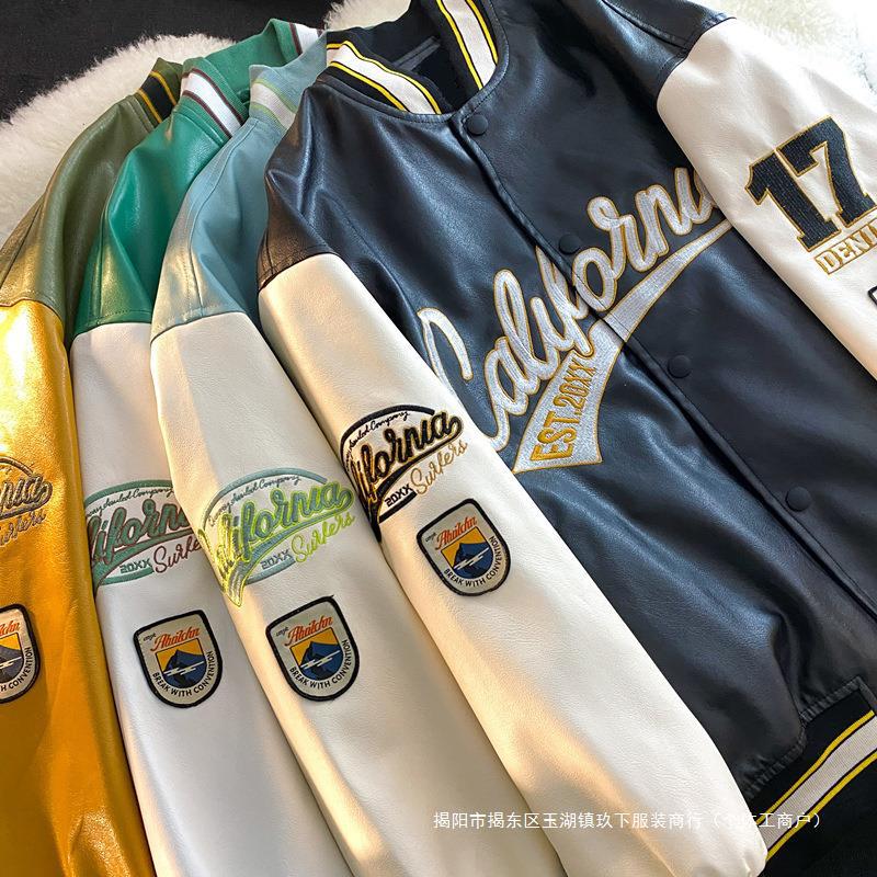 Men's Embroidered PU Leather Baseball Jacket