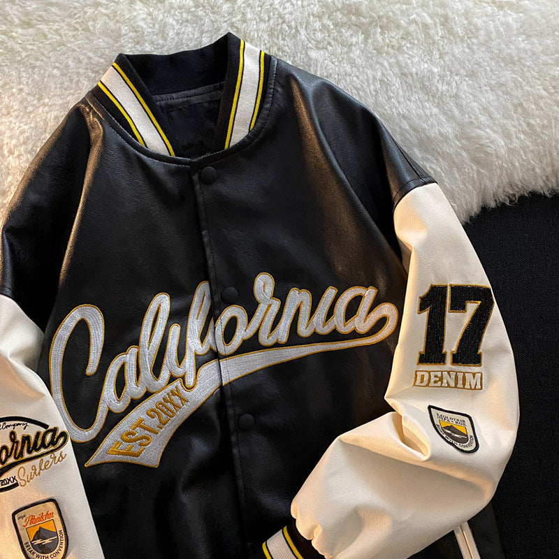 Men's Embroidered PU Leather Baseball Jacket