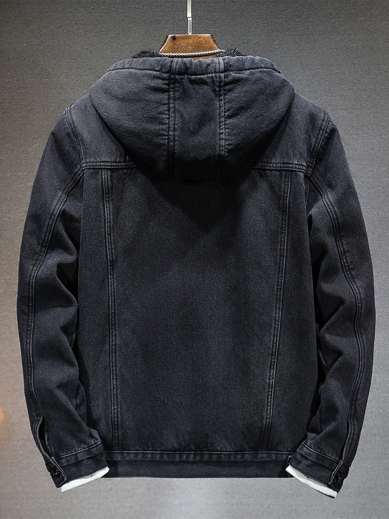 Men's Hooded Denim Jacket with Fleece Lining