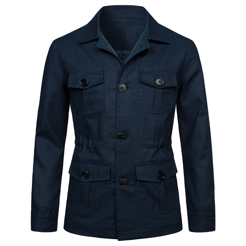 Men's Lapel Multi-Pocket Linen Work Jacket
