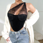 One-Shoulder Velvet Lace Corset Tank Top
