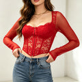 Lace Mesh Square Neck Long Sleeve Top
