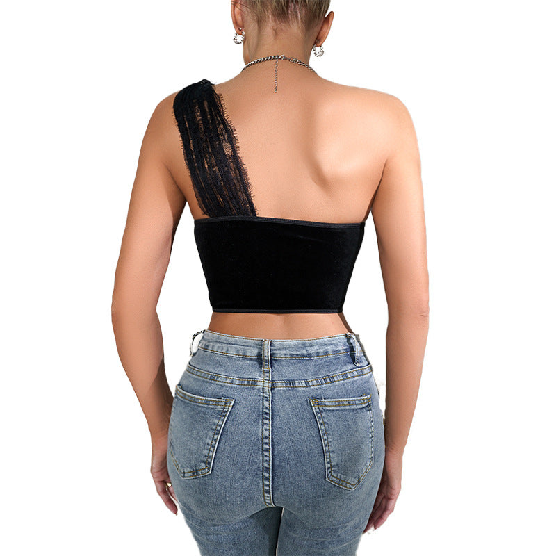 One-Shoulder Velvet Lace Corset Tank Top