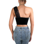 One-Shoulder Velvet Lace Corset Tank Top