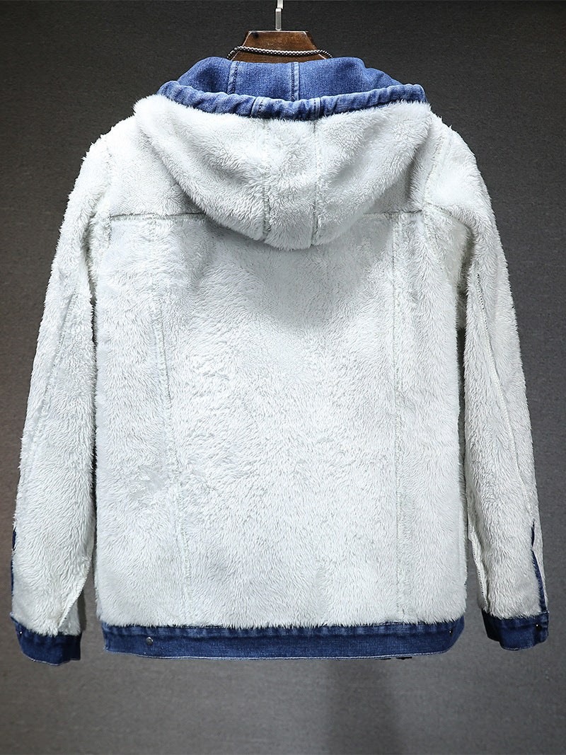Men's Hooded Denim Jacket with Fleece Lining