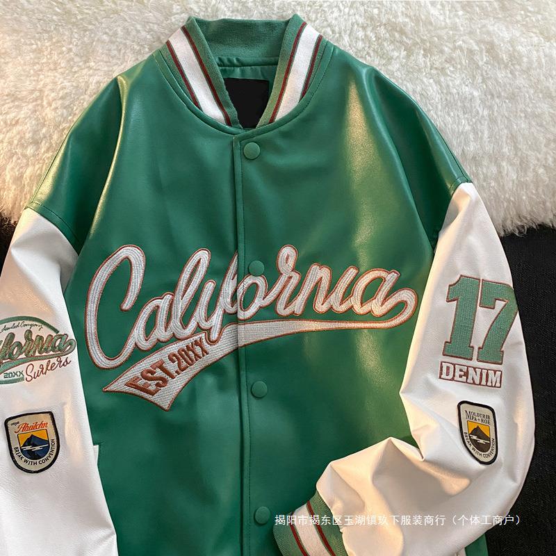 Men's Embroidered PU Leather Baseball Jacket