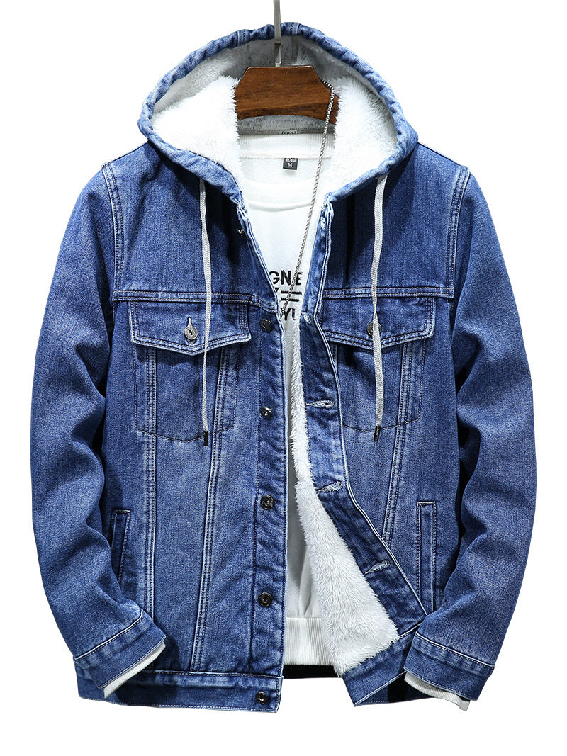 Men's Hooded Denim Jacket with Fleece Lining